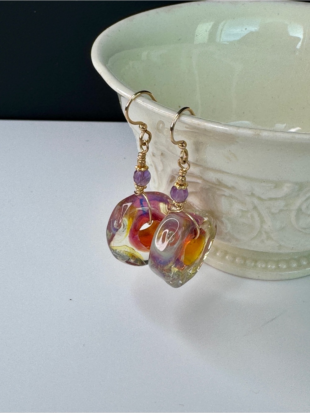 Handmade Multicolor Glass Earrings with Amethyst Beads - 14k Gold FilHooks